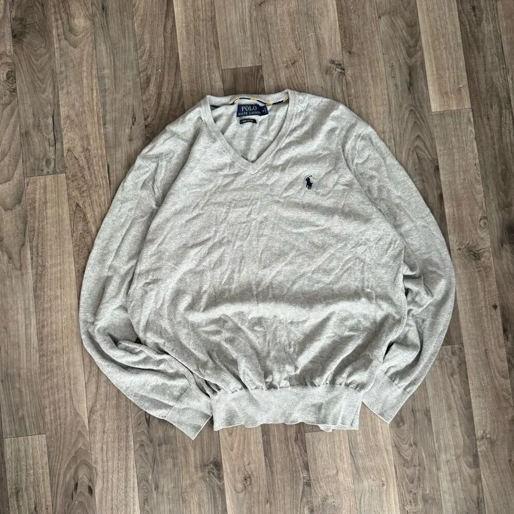Polo Ralph Lauren gray v neck Pima cotton embroidered sweater